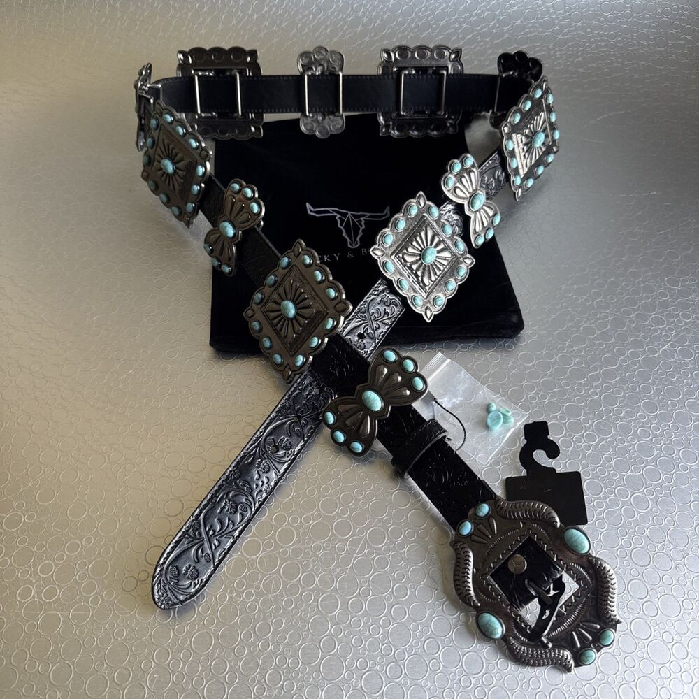 Lucky & Blessed Black Embossed Adjustable Concho Belt - XL Runs Bigger Dust Bag